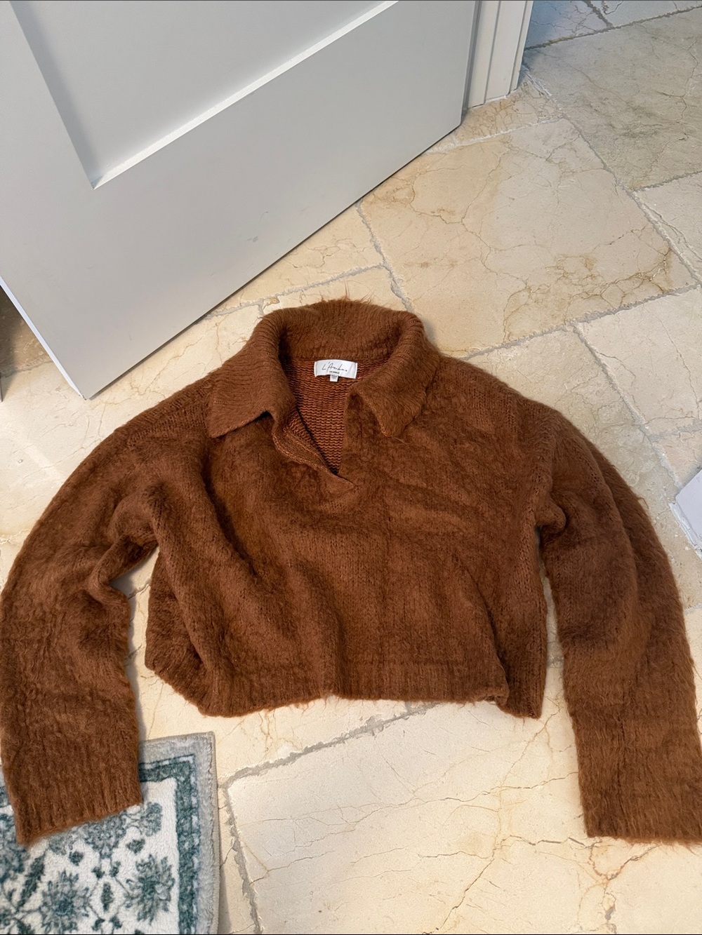 L'Academie Cropped Fuzzy Chestnut V-Neck Polo Sweater